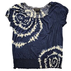 INC International Concepts Navy Blue Tie Dye Rhinestone Smocked Blouse Womens M